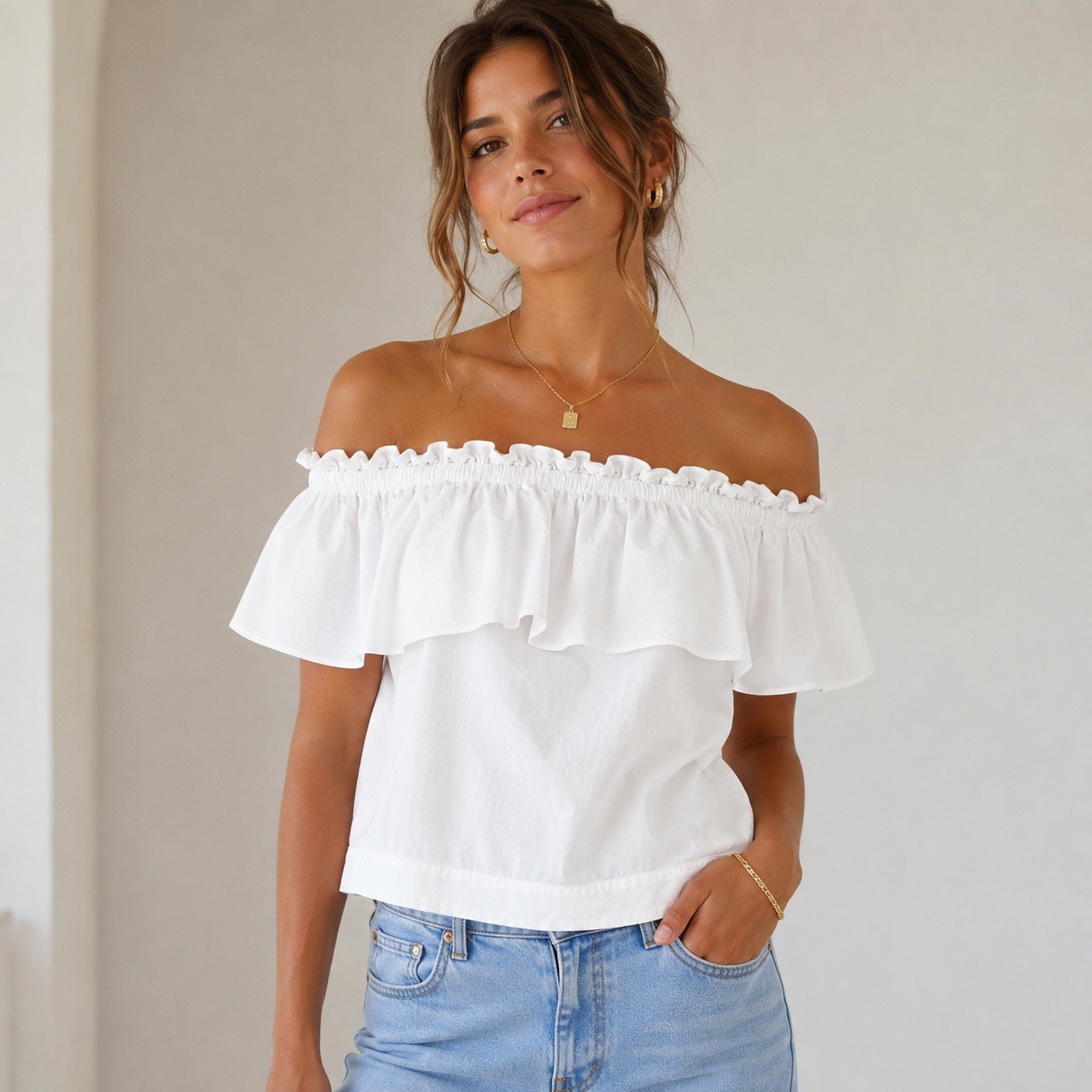 P.A.R.O.S.H. Canyon White Off Shoulder Ruffle Blouse Womens S Cotton Italy